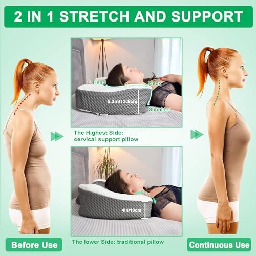 Elviros Oreillers à Mémoire de Forme, Oreillers Ergonomiques pour la Nuque, Oreiller Orthopédique Anti Douleur, Décontracter Les Muscles, Blanc, 54 x 34 x 8.9/10.9 cm - Image 4