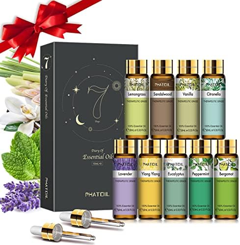 Phatoil Coffret d'Huiles Essentielles Bio pour diffuser 9 x 10 ml, Citronnelle-1, Bois de Santal, Vanille, Citronnelle-2, Lavande, Ylang, Eucalyptus, Menthe Poivrée, Bergamote