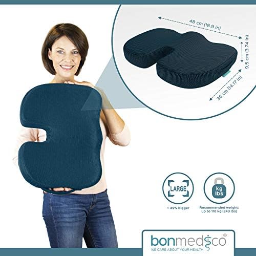 bonmedico Coussin Chaise Bureau - Coussin Orthopédique et Ergonomique en Mousse à Mémoire de Forme - Large, Bleu - Image 5