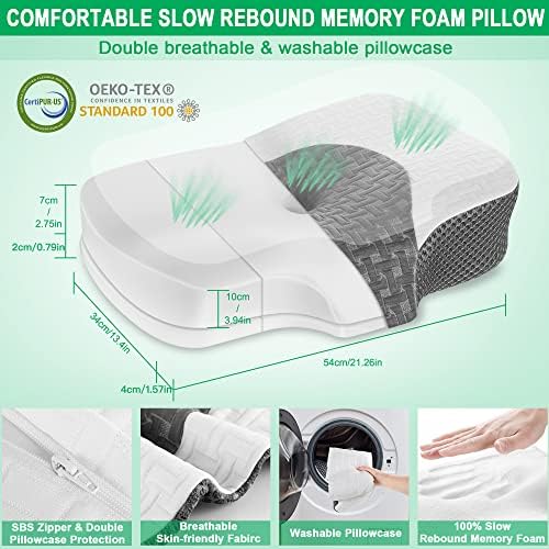 Elviros Oreillers à Mémoire de Forme, Oreillers Ergonomiques pour la Nuque, Oreiller Orthopédique Anti Douleur, Décontracter Les Muscles, Blanc, 54 x 34 x 8.9/10.9 cm - Image 6