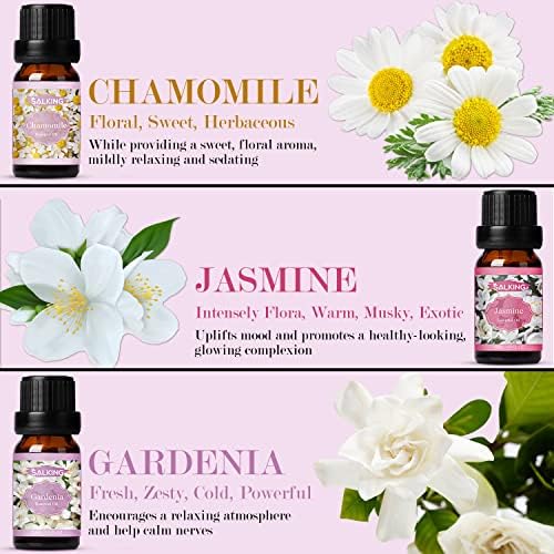 Salking Floral Huiles Essentielles, 6x10ml 100% Huile Essentiellle Bio pour diffuseurs, humidificateurs, massage, lavande, rose, jasmin, camomille, garddénia, fleurs de Cerisier - Image 4