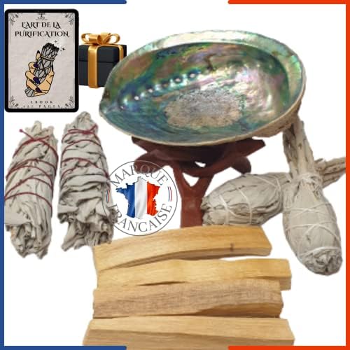 Coffret 2 Bâtons Sauge Blanche Purification à Bruler Coquille Ormeau | 2 Torches de Sauge | 2 bâtonnets Palo Santo (Bois de Santal)|Trépied | Encens Naturel 100%-Ebook l'art de la Fumigation(PDF)