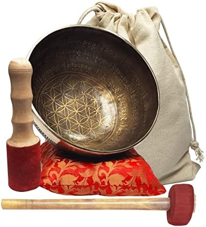 CRAFTSTRIBE Grand bol chantant tibétain martelé à la main de 28 cm avec millet et coussin en soie