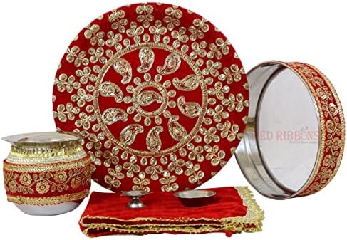 TIED RIBBONS Karwa Chauth Pooja Thali Ensemble pour Karwachauth Puja Combo (Puja Thali, Channi, Lota, Bindi, Livre, Shagun Enveloppe avec accessoires Pooja) Karva Chauth Cadeaux Articles D002 - Image 5