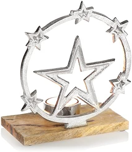 com-four® Photophore avec Motif étoile - Bougeoir de Noël avec Socle en Bois - Bougeoir de Noël décoratif - Décoration de Noël (Étoile avec Socle)