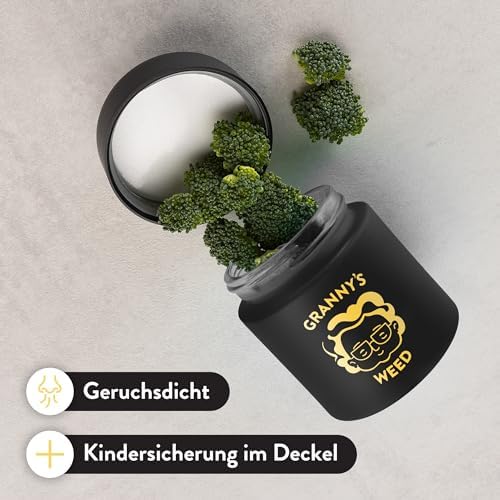 Pot de cachette premium de grand-mère | Bocal à herbes de grand-mère | Capacité jusqu'à 8 g | Noir | 100 % étanche aux odeurs | Garantie UV | Coffret cadeau | Avec sécurité enfant dans le couvercle | 120 ml - Image 3