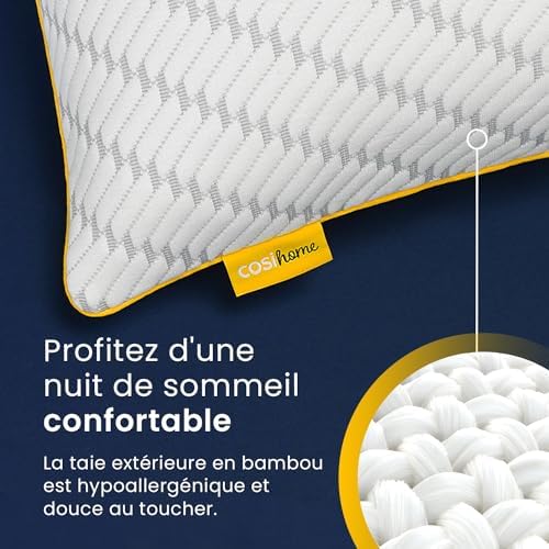 Cosi Home Lot de 2 Oreillers à mémoire de Forme 71x45 cm - Coussin Respirant Blanc avec Housse en Bambou, Hauteur réglable, Lavable en Machine, pour Dormir sur Le Dos, Le côté ou Le Ventre - Image 6