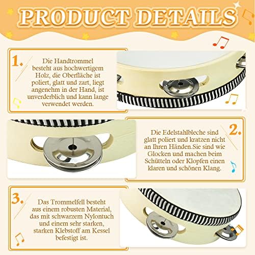 RECHCIGA Lot de 2 tambours à main (6 pouces et 8 pouces) pour enfants, tambourin, bois de tambourin, tambourin, tambourin avec cloches, tambour à main en bois pour enfants, danse et accompagnement de - Image 3