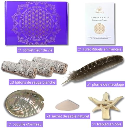 DIVINAYA Coffret 3 bâtons de Sauge Blanche à bruler, 1 Coquille d'Ormeau, 1 Plume, 1 Trépied, Sable et 1 Livret Rituels de Purification, Maison, Méditation. Qualité Premium. Cadeau Spirituel et Zen. - Image 3