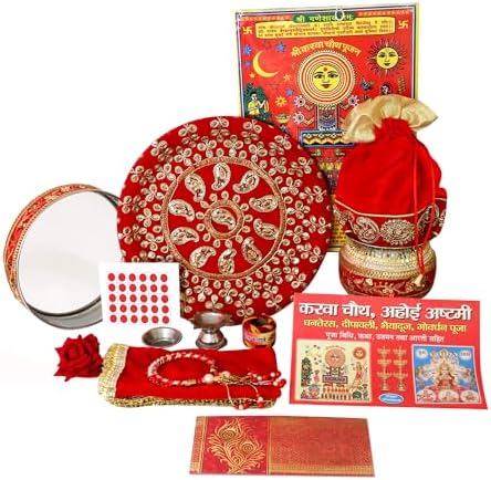 TIED RIBBONS Karwa Chauth Pooja Thali Ensemble pour Karwachauth Puja Combo (Puja Thali, Channi, Lota, Bindi, Livre, Shagun Enveloppe avec accessoires Pooja) Karva Chauth Cadeaux Articles D002 - Image 2