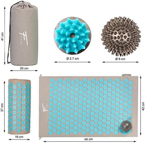 Fitem - Kit d'acupression - Relaxation Musculaire - Tapis, Coussin Fleur, Sac, Boule de Massage, Soulage douleurs Dos et Cou. (gris-turquoise) - Image 2