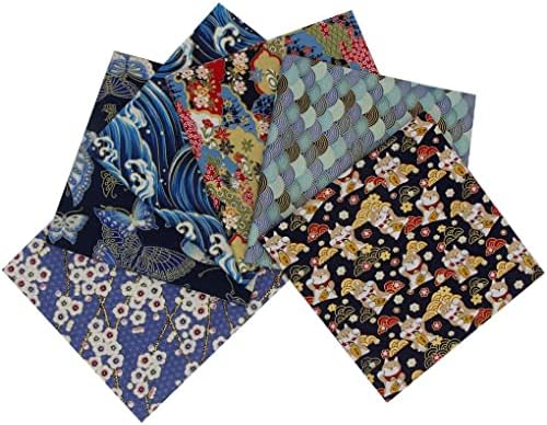 6 pcs tissu en coton japonais 40 x 40 cm, imprimé motif fleuri en bronzing, tissus carrés vers le patchwork bricolage meteriel, couture, matelassage, décoration, loisir créatips (bleu marine - b) - Image 2