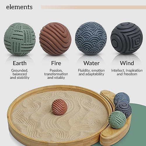 ENSO - Kit de Jardin Zen Japonais pour Bureau - Coffret d'outils et Accessoires de Jardin pour Bureau - Grand Plateau Rond en Bambou de 30,5 cm, 4 sphères de Tampon, Sable Naturel, râteau - Mini - Image 7