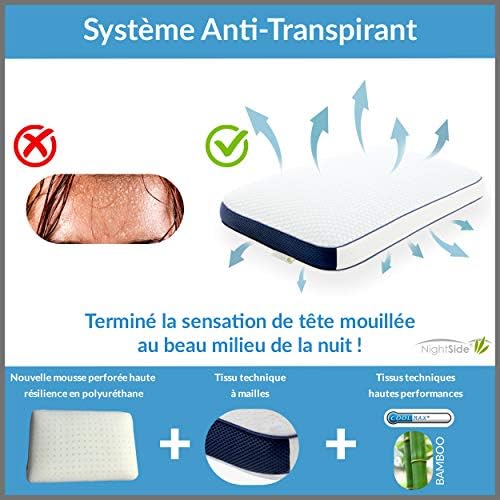 NightSide® Oreiller à mémoire de forme Premium. Coussin anti-transpirant adapté aux douleurs cervicales. Housse bambou hypoallergénique, double face. Oreiller ergonomique cervical modèle: moyen/moyen - Image 6