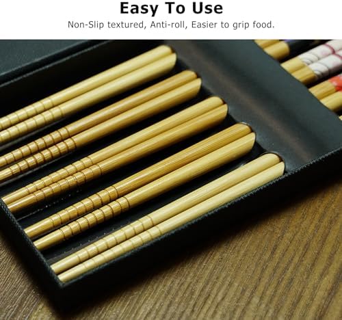 ZFYQ Set de Baguettes, 5 Paires de Baguettes Imprimé Style Japonais Baguettes en Bambou Naturel dans Boîte Cadeau Noire Faite à la Main, Ménage Restaurant Baguettes en Bois - Image 4