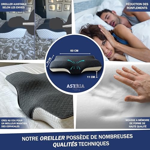 oreiller ergonomique cervical , coussin à mémoire de forme ,OFFERT: eBook + Masque + Boules Quies, oreillers anti-ronflement , redresseur cervical douloureuses, coussin orthopédique, 60 x 33 x 12/7cm - Image 4
