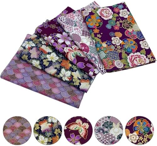 aufodara 5 pièces 40 x 80 cm Tissus Coton Couture Style Japonais Bronzant Imprime Patchwork Couture Quilting Scrapbooking Loisir Créatifs DIY Tissu à la Main en Tissu à Coudre (Violet) - Image 2