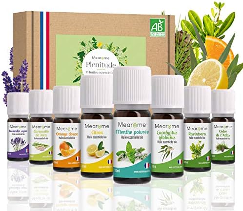 Coffret 8 x 10 ml Huiles Essentielles BIO distillées en FRANCE + Guide d'Aromathérapie PDF | HEBBD, HECT | Kit pour Cuisine, Diffuseur | Bienfaits Respiratoires, Encombrement, Digestion | Mearome