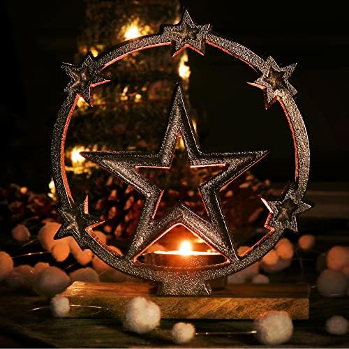 com-four® Photophore avec Motif étoile - Bougeoir de Noël avec Socle en Bois - Bougeoir de Noël décoratif - Décoration de Noël (Étoile avec Socle) - Image 2