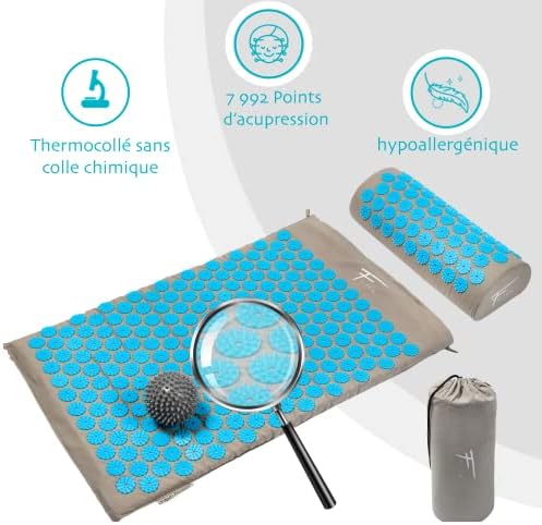 Fitem - Kit d'acupression - Relaxation Musculaire - Tapis, Coussin Fleur, Sac, Boule de Massage, Soulage douleurs Dos et Cou. (gris-turquoise) - Image 3