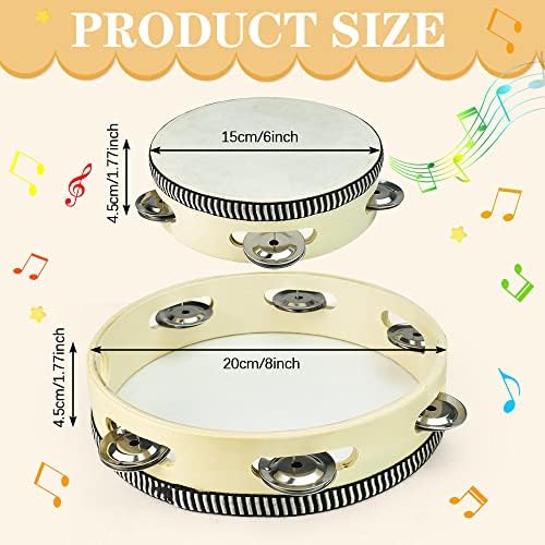 RECHCIGA Lot de 2 tambours à main (6 pouces et 8 pouces) pour enfants, tambourin, bois de tambourin, tambourin, tambourin avec cloches, tambour à main en bois pour enfants, danse et accompagnement de - Image 2