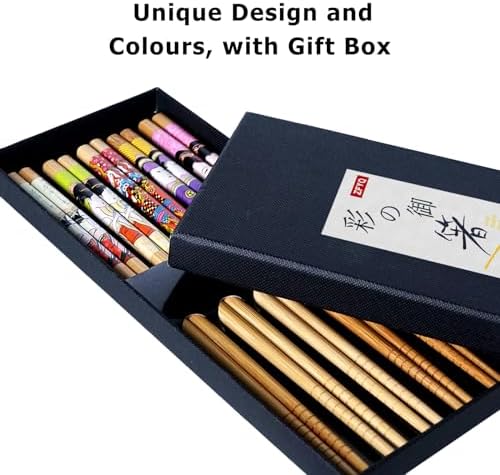ZFYQ Set de Baguettes, 5 Paires de Baguettes Imprimé Style Japonais Baguettes en Bambou Naturel dans Boîte Cadeau Noire Faite à la Main, Ménage Restaurant Baguettes en Bois - Image 3
