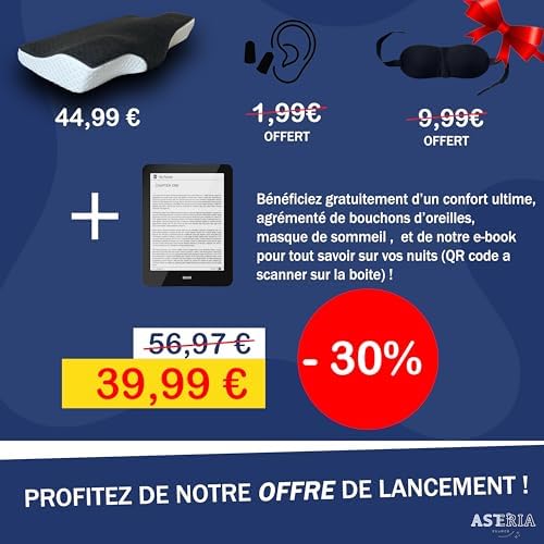 oreiller ergonomique cervical , coussin à mémoire de forme ,OFFERT: eBook + Masque + Boules Quies, oreillers anti-ronflement , redresseur cervical douloureuses, coussin orthopédique, 60 x 33 x 12/7cm - Image 2