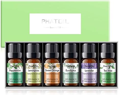 PHATOIL Kit Huiles Essentielles, Aromathérapie Huile Essentielle pour Diffuseur Pure Naturelle, Huile de Lavande, Eucalyptus, Menthe Poivrée, Tee Tree, Orange Douce, Citronnelle (6 x 10ML)