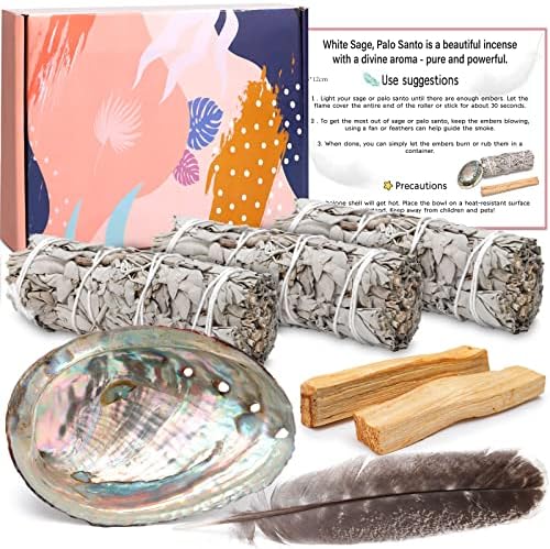 Amzeeniu 3 Paquets de Sauge Blanche + 2 Palo Santo Coquillage d'ormeau - Purification Élimine Les Énergies Négatives Encens Naturel à bruler Anti Stress méditation Bois de rituels