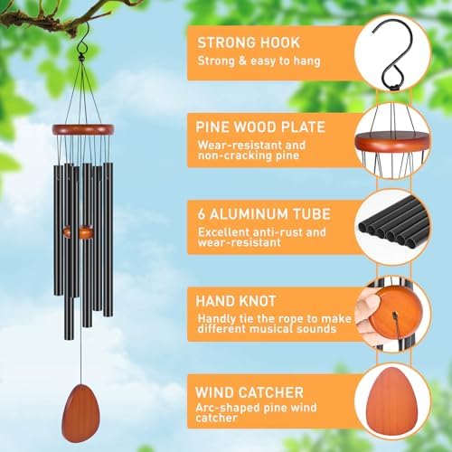 CasaCulina Carillon éolien en aluminium pour extérieur, 63,5 cm, ambiance zen, carillon éolien, ton profond et apaisant, carillon à vent pour extérieur, terrasse, porche, décoration à suspendre, - Image 3