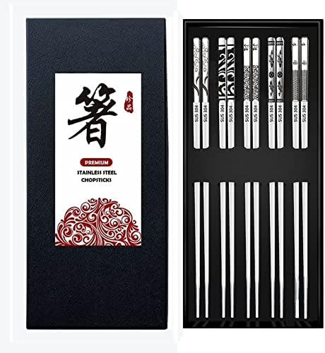 QMHA Baguettes Réutilisables en Acier Inoxydable, 5 Paires Baguettes Japonaises Baguettes Chinoises Baguettes en Métal, Elégante Ensemble de Baguettes pour Cuisine Maison Restaurant