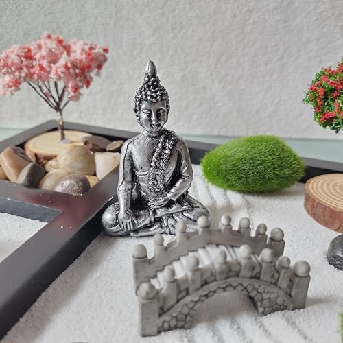 ZEN&TAO Kit de jardin zen japonais, plateau noir avec deux arbres, deux mousses, statue de Buhhda, pont, pierres et sable, mise à niveau 2024, pour méditation, relaxation et cadeau. - Image 6