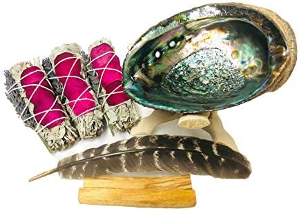 Tomoko Kit de Sauge Blanche Avec 3 Sauges Blanches Avec Rose et Lavande, 2 Palo Santo, Coquille d'Ormeau, Trépied en Bois et Plume. Guérison, purifiant, médiant, Encens et netoyage