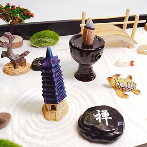 ZEN&TAO Jardin zen japonais, plateau en bois dur (Paulownia), 15 caractéristiques, ensemble complet d'outils dans support en bambou, pour la méditation et la relaxation (taille XL, plateau noir) - Image 2