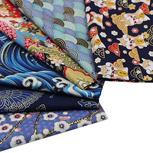 6 pcs tissu en coton japonais 40 x 40 cm, imprimé motif fleuri en bronzing, tissus carrés vers le patchwork bricolage meteriel, couture, matelassage, décoration, loisir créatips (bleu marine - b) - Image 4