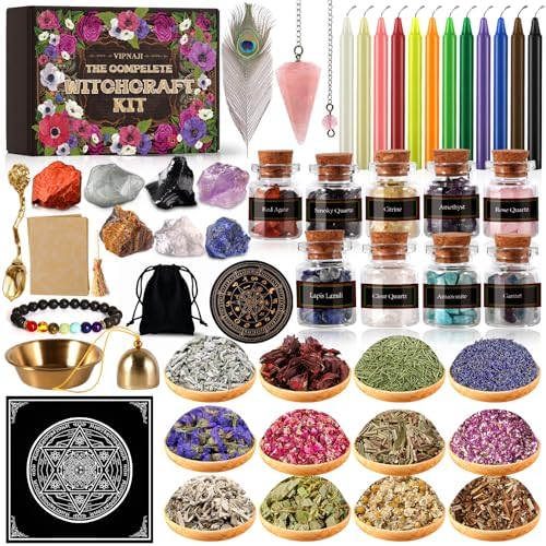 VIPNAJI 64PC Fournitures de Sorcellerie Ensemble de Sorcellerie Kit de Sorcellerie Bougies Candle Magiques Colorées Pierre Naturelles Pièces de Cristal,Fleur Séchée Utilisée pour la Prière,Mantra,Magie