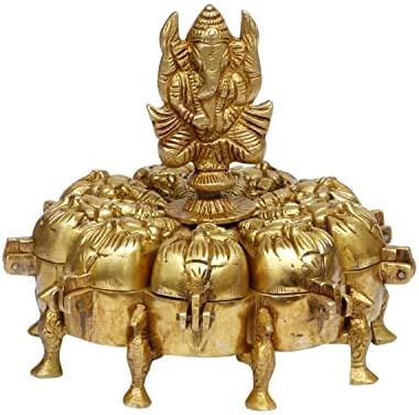 Artvarko Boîte en Lauton Ganesha Chopda Idol Ganpati Plusieurs Compartiments pour Kumkum Sindoor Vermillon Culte Ritual Cadeau de Mariage Dore 15,2 cm - Image 2