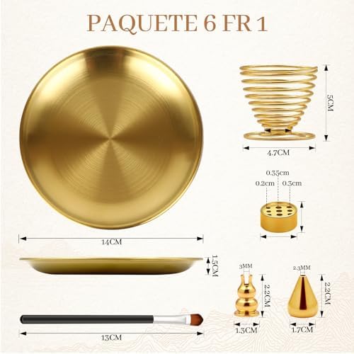 Vegcoo Porte Encens 6 en 1, Brûleur d'Encens en Lauton et Brosse, Support D'Encens de 14cm Avec Récupéraur de Cendres pour Salle de Yoga, Salle de Méditation, Salon - Image 2