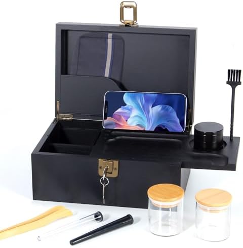 TODECO Grande Boîte en Bambou AVEC SERRUR, Boîte de Rangement Avec Grinder, Bocaux en Verre, Plateau AMOVIBLE ET OUTIL D'ACCESSOREIRE, BOÎTE DÉCORATION