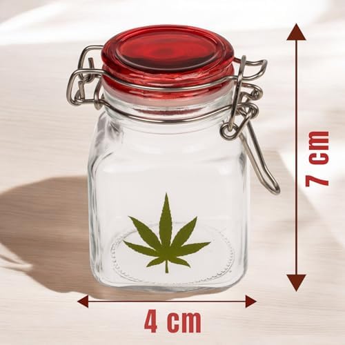 Mijoma lot de 2 bocaux en verre avec motif feuille de cannabis - bocaux de rangement hermétiques pour les herbes, les épices, bonbons - les récipients en verre Avec joint en silicone - 4 x 7 cm - Image 5