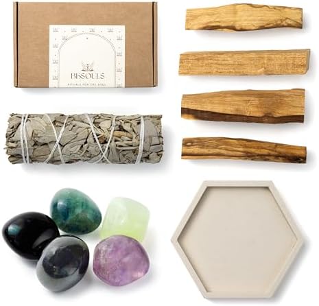 Besouls Coffret Ritual Protection: 4 Palo Santo Purification 1 Baton de Sauge Blanche Purification A Bruler 5 Pierres Protectrices Plateau Artisanal Qr Encens numériques Sauge Blanche Purification Maison