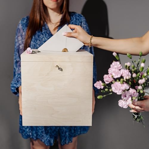Créative déco boite en bois pour enveloppes | 29 x 25 x 30 cm | Bois Naturel | AVEC Couvercle et Clé | Boîte verse des occasions Spéciales | Anniversaire urne | Mariage | BOITE A Souvenirs, Cartes Letre - Image 6