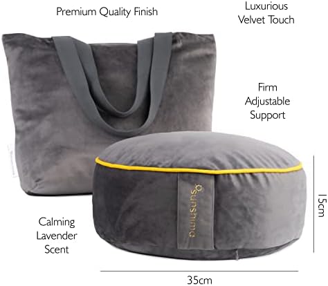 Sunshima Coussin Yoga et Méditation - Oreiller de Zafu, Sol Rond en Sarrasin Lavande Tissu Velours Luxueux AVEC JOLIE BORDURE DORÉE, BOîte Cadeau Sac Transport Fourre-Tout Gray Gray - Image 3