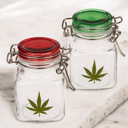 Mijoma lot de 2 bocaux en verre avec motif feuille de cannabis - bocaux de rangement hermétiques pour les herbes, les épices, bonbons - les récipients en verre Avec joint en silicone - 4 x 7 cm - Image 2