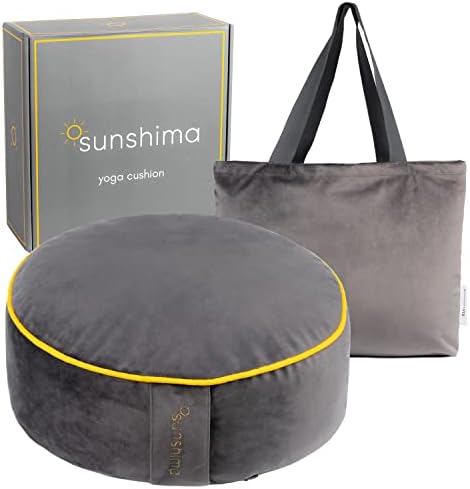 Sunshima Coussin Yoga et Méditation - Oreiller de Zafu, Sol Rond en Sarrasin Lavande Tissu Velours Luxueux AVEC JOLIE BORDURE DORÉE, BOîte Cadeau Sac Transport Fourre-Tout Gray Gray