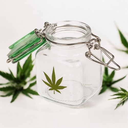 Mijoma lot de 2 bocaux en verre avec motif feuille de cannabis - bocaux de rangement hermétiques pour les herbes, les épices, bonbons - les récipients en verre Avec joint en silicone - 4 x 7 cm - Image 4
