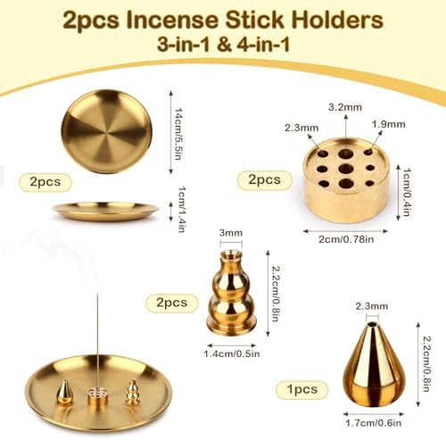 Vfandv 2 Pièces Porte Encens, 3 en 1 & 4 en 1 bruleur encens en laiton porte encens porte d'encens bâton Avec récupérature de cendres support encens - Image 2