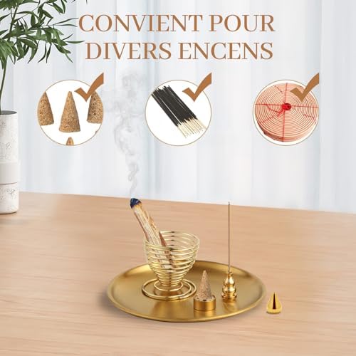Vegcoo Porte Encens 6 en 1, Brûleur d'Encens en Lauton et Brosse, Support D'Encens de 14cm Avec Récupéraur de Cendres pour Salle de Yoga, Salle de Méditation, Salon - Image 4