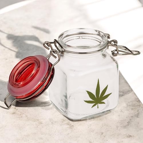 Mijoma lot de 2 bocaux en verre avec motif feuille de cannabis - bocaux de rangement hermétiques pour les herbes, les épices, bonbons - les récipients en verre Avec joint en silicone - 4 x 7 cm - Image 3