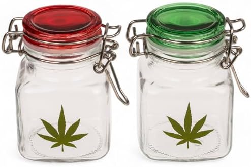 Mijoma lot de 2 bocaux en verre avec motif feuille de cannabis - bocaux de rangement hermétiques pour les herbes, les épices, bonbons - les récipients en verre Avec joint en silicone - 4 x 7 cm
